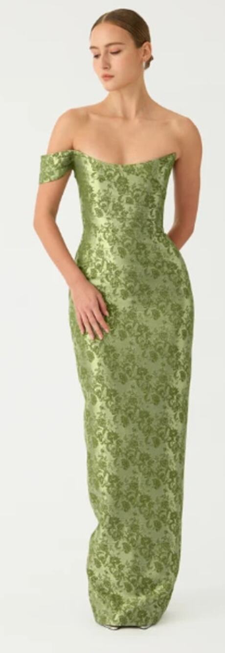 SAU LEE Jackson Green Floral Brocade Off-Shoulder Column Gown Dress Size 0
